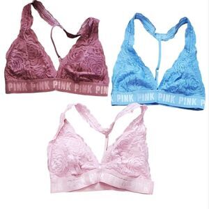 Pink Victoria's Secret T-Strap Lace Pink, Blue & Purple Bra Lot